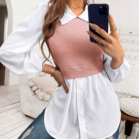 . Tops - Baby Pink Casual Womens Colorblock Lantern Sleeve 2 In 1 Top